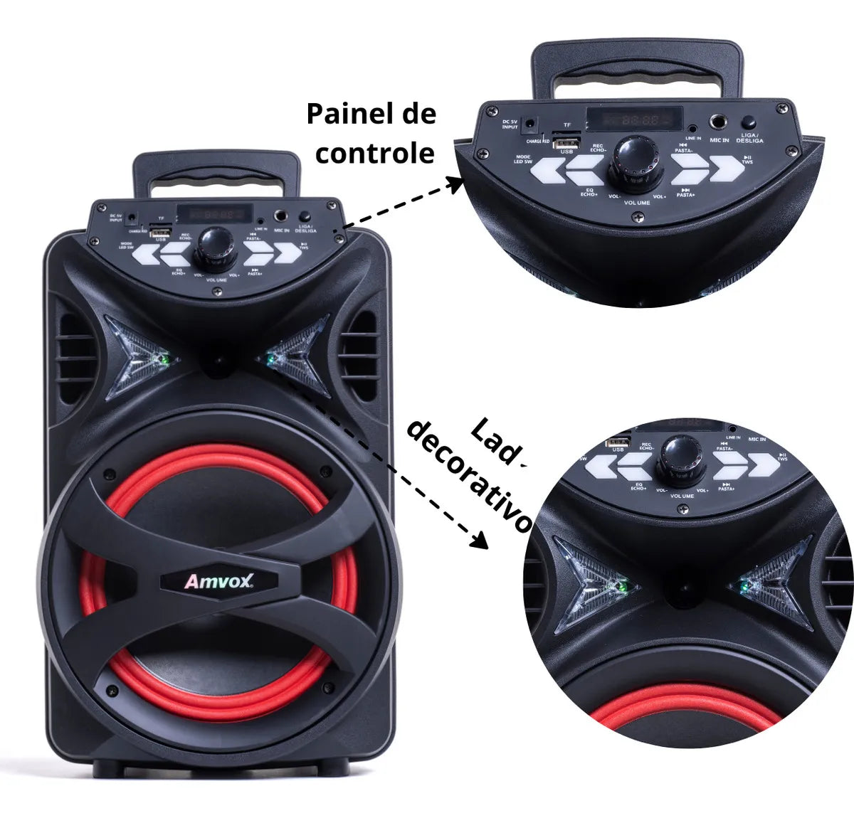Caixa de Som Amplificada Amvox ACA 255 Hit Woofer 8" Portátil Bluetooth Preto Bivolt