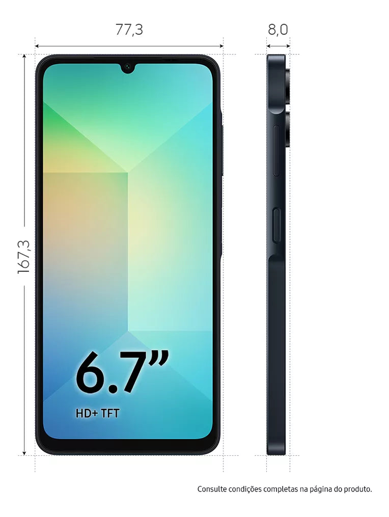 Smartphone Samsung Galaxy A06 4G 128GB 4GB RAM Dual Chip Câmera Traseira 50+2MP Frontal 8MP Tela 6,7" Android 14.0