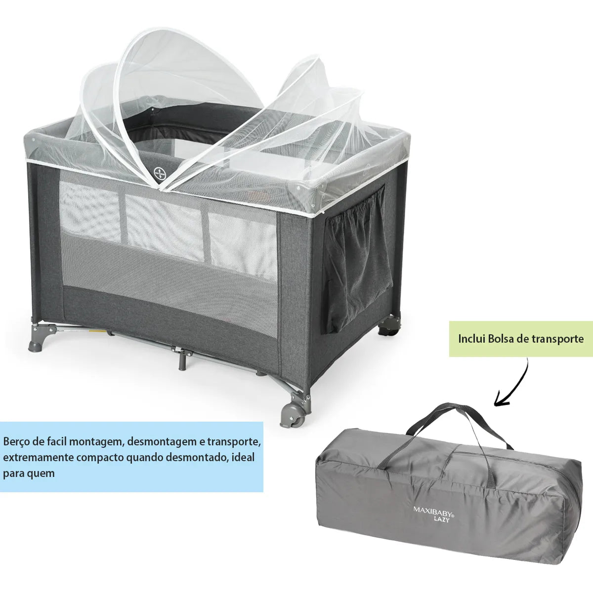 Berço Portátil Infantil Cercado 0-15kg Grafite Lazy Maxibaby