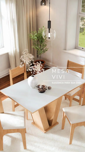 Conjunto Sala de Jantar Completo  Vivi Mesa Tampo Madeira 4 Cadeiras - Mel Off