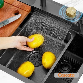 Cuba Black Premium Gourmet 7 em 1 – Com Cascata, Torneira, Lavador de Copos e Acessórios em Aço Inox 304 | 75x45cm