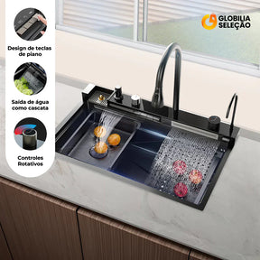 Cuba Black Premium Gourmet 7 em 1 – Com Cascata, Torneira, Lavador de Copos e Acessórios em Aço Inox 304 | 75x45cm