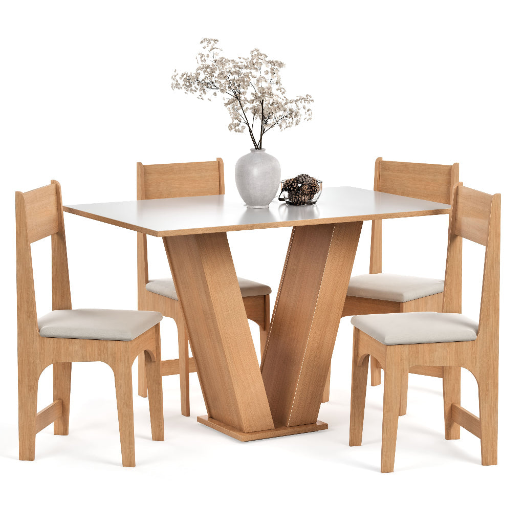 Conjunto Sala de Jantar Completo  Vivi Mesa Tampo Madeira 4 Cadeiras - Mel Off