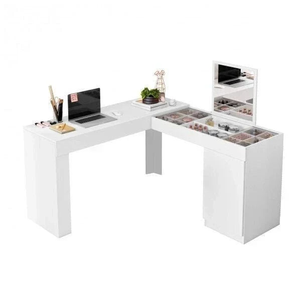 Escrivaninha Penteadeira de Canto 136x136cm com Espelho 1 Porta Star Branco